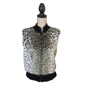 Kim Rogers Womens XL Leopard Print Faux Fur Zip Vest Ribbed Knit Back